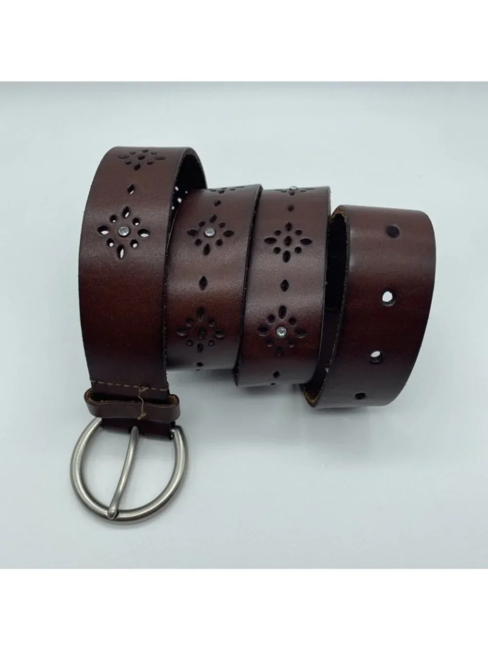 American Eagle Brown Genuine Leather Belt Women's XL Embossed Rhinestone 8977